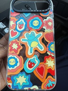 Rosanna Clear Phone Case with Bright Blue Frog and Multicolor Hearts